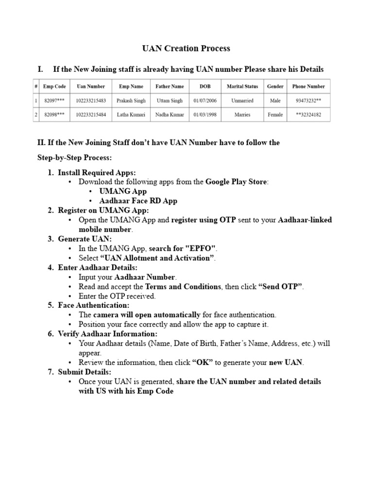 UAN Creation Process. | PDF