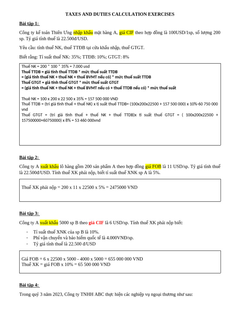 Taxes and Duties Calculation Exercises Question | PDF