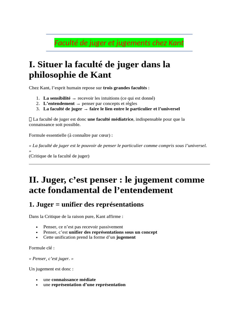 La faculté de juger chez Kant : enjeux et concepts | PDF | Critique de ...