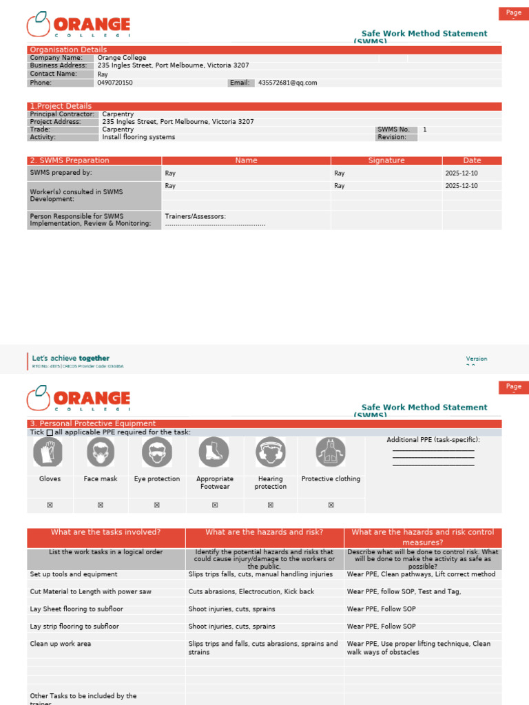 Carpentry SWMS for Flooring Installation | PDF | Personal Protective ...