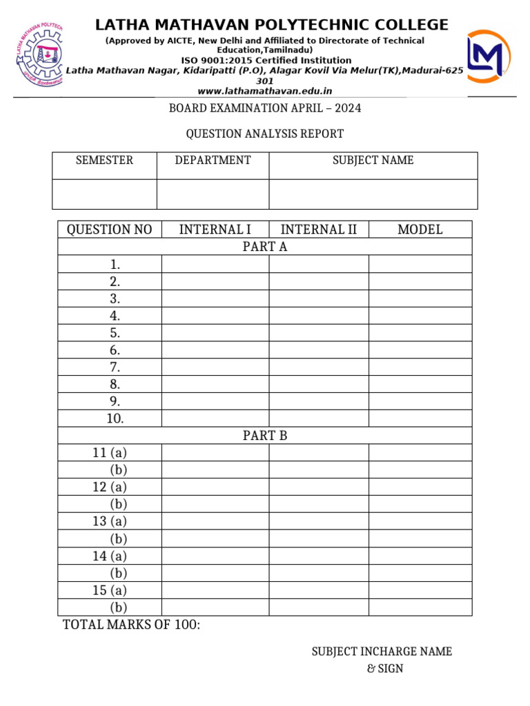 Latha Mathavan Polytechnic Exam Report | PDF