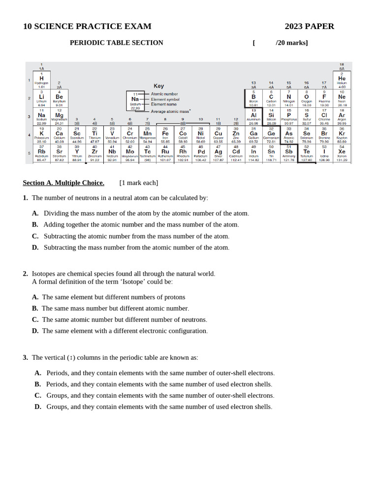 2023 Science Practice Exam Guide | PDF | Periodic Table | Atoms