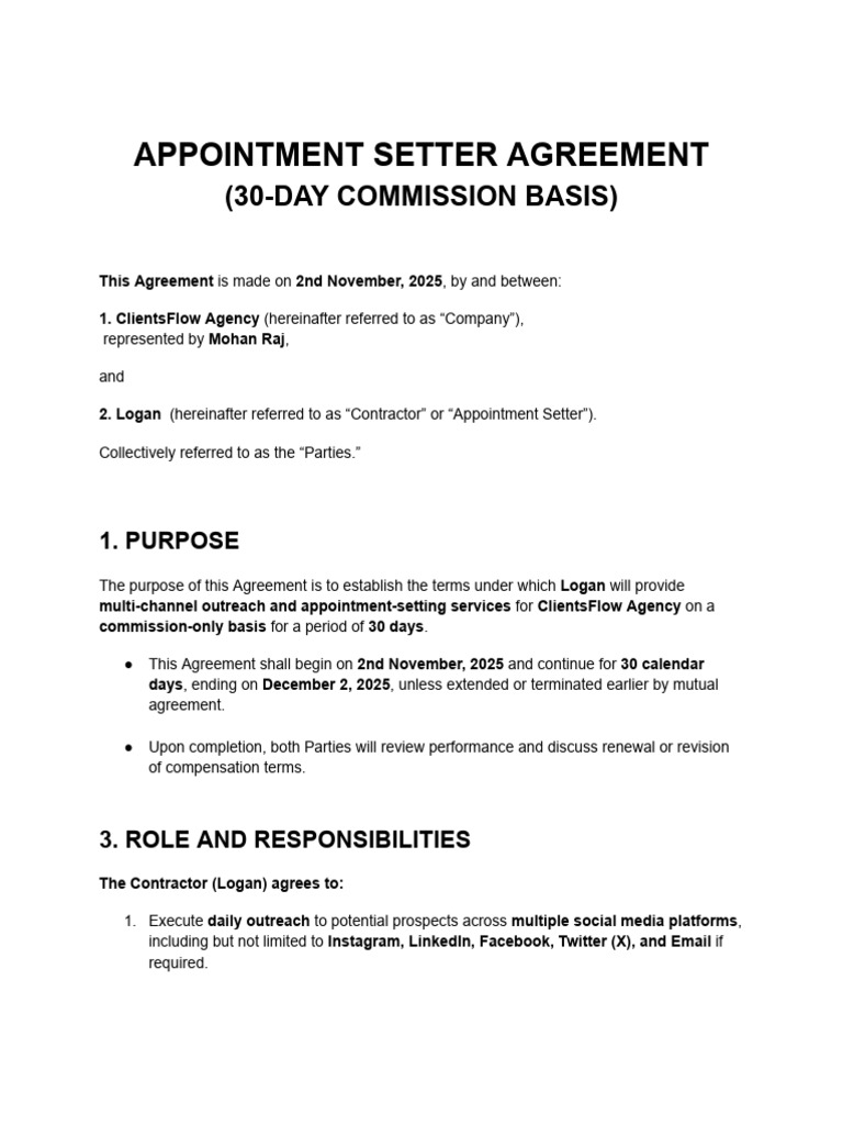 Appointment Setter Agreement Template | PDF | Employment | Business