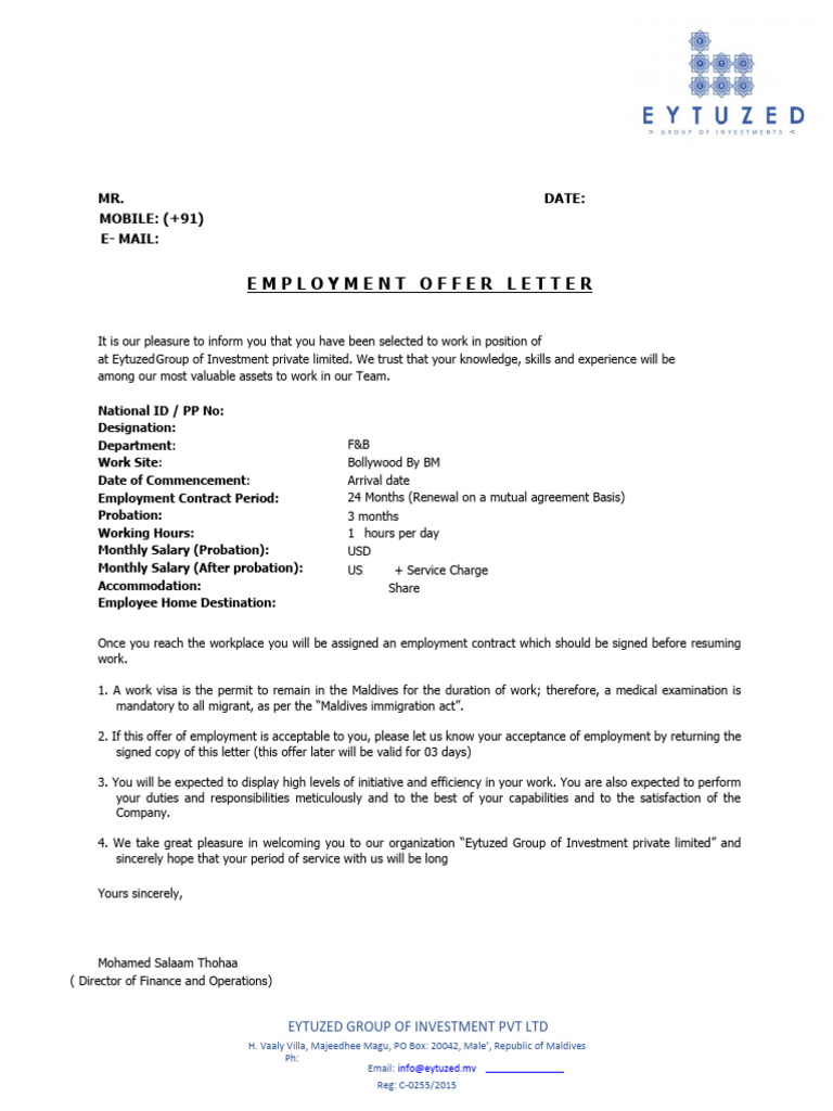 Employment Offer for Assistant Cook | PDF | Employment | Immigration