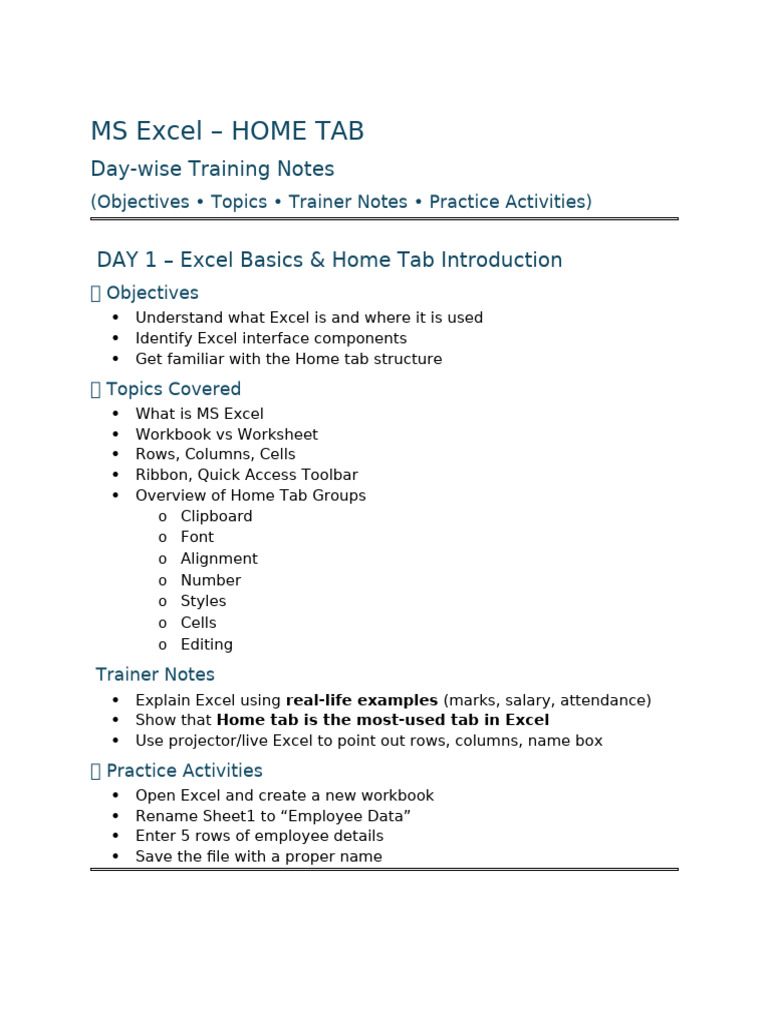 Excel Home Tab Training Guide | PDF | Microsoft Excel | Software