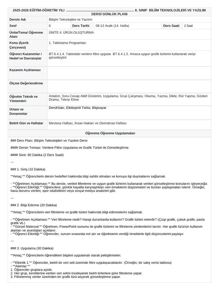 Bilisim Teknolojileri Ve Yazilim 6 14 Hafta Gunluk Plan | PDF