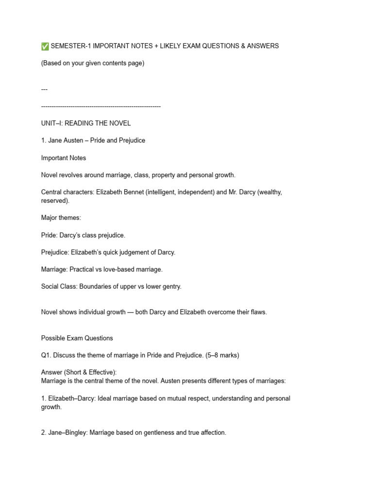 Important Notes & Exam Questions for Literature | PDF | Mr. Darcy ...