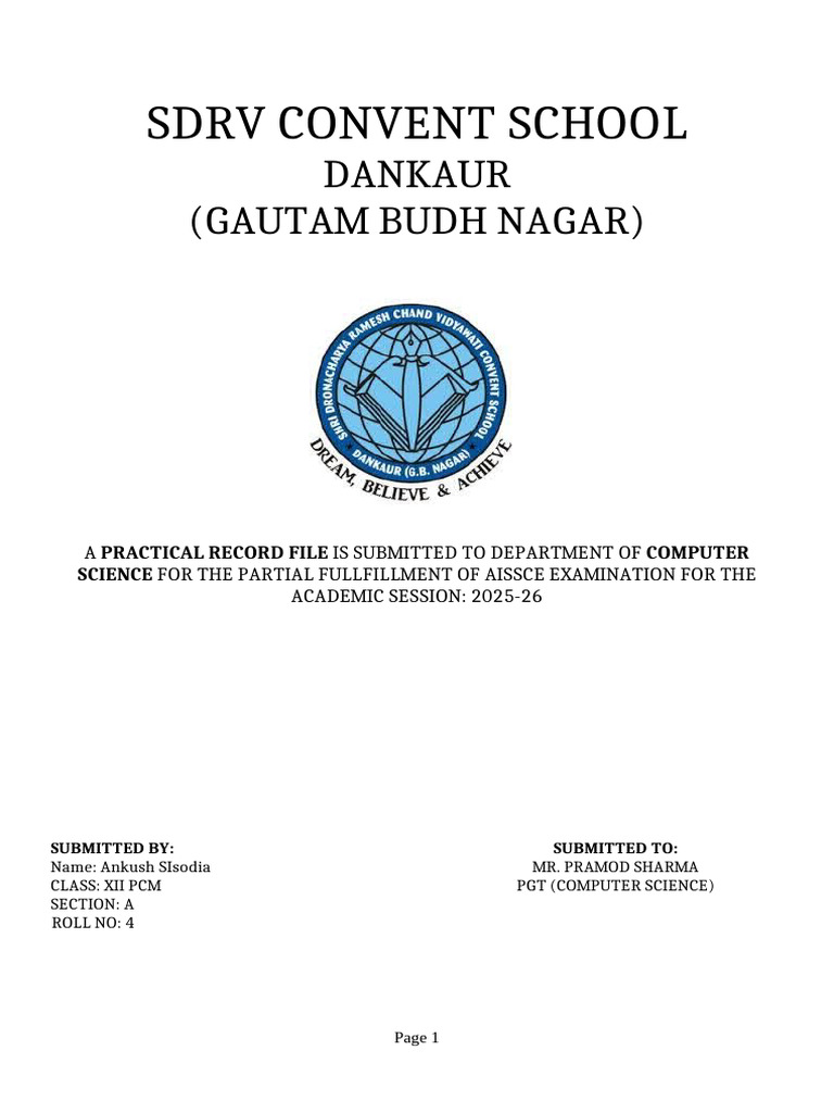 SDRV Convent School Practical Record | PDF