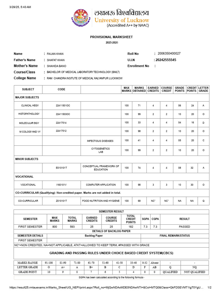 First Semester Provisional Marksheet | PDF | Educational Stages