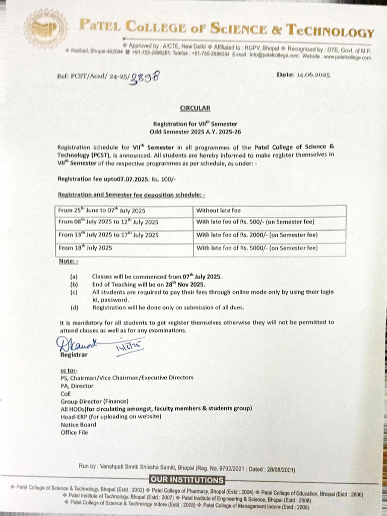 PCST BPL 7th Sem Registration Circular | PDF