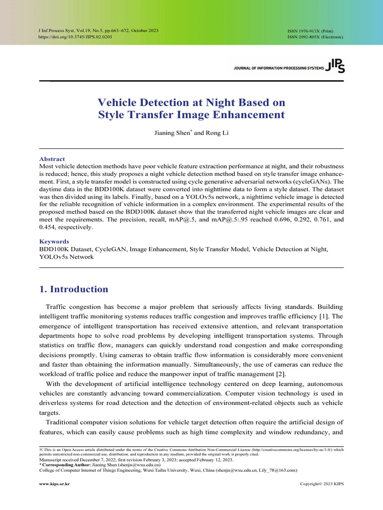 Vehicle Detection at Night Based On Style Transfer Image Enhancement ...