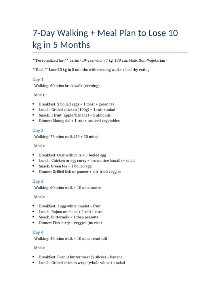 7-Day Meal & Walking Plan for Weight Loss | PDF