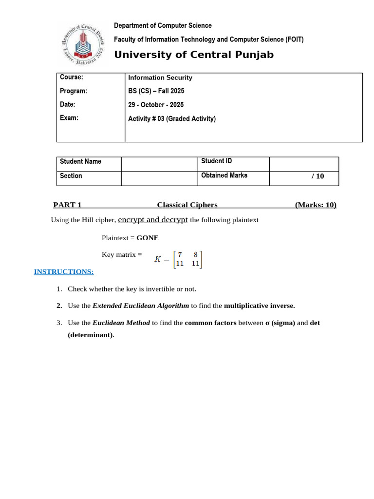 Hill Cipher Encryption Activity Guide | PDF