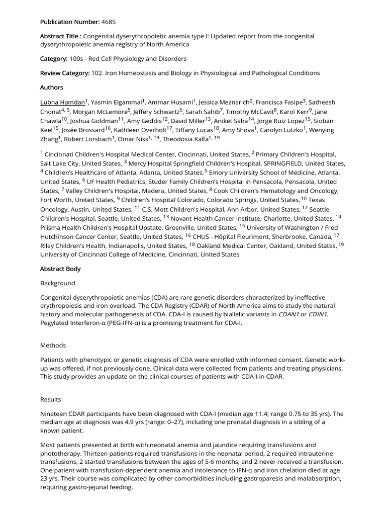 CDA Type I: Clinical Update and Treatment | PDF | Anemia | Blood
