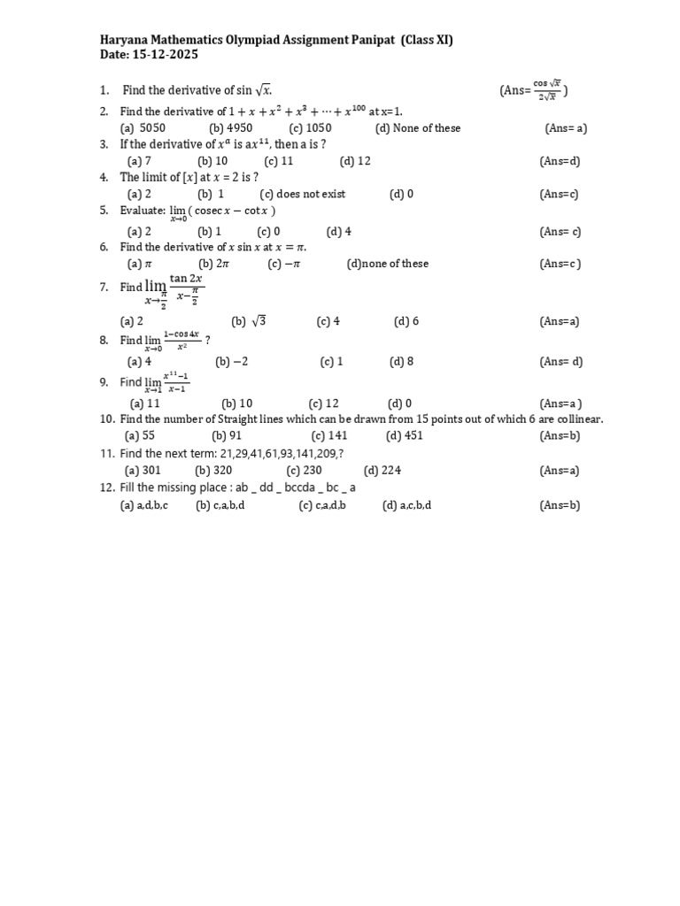 Haryana Math Olympiad Class XI 2025 | PDF