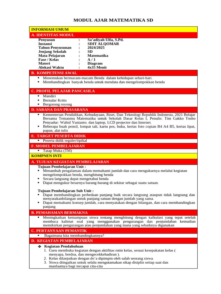 Modul Ajar Matematika Kelas 1 SD | PDF