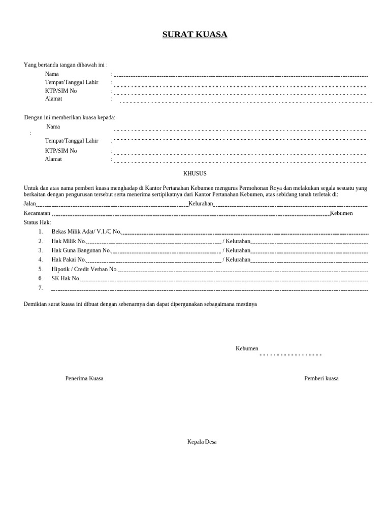 Surat Kuasa Pengurusan Roya Kebumen | PDF