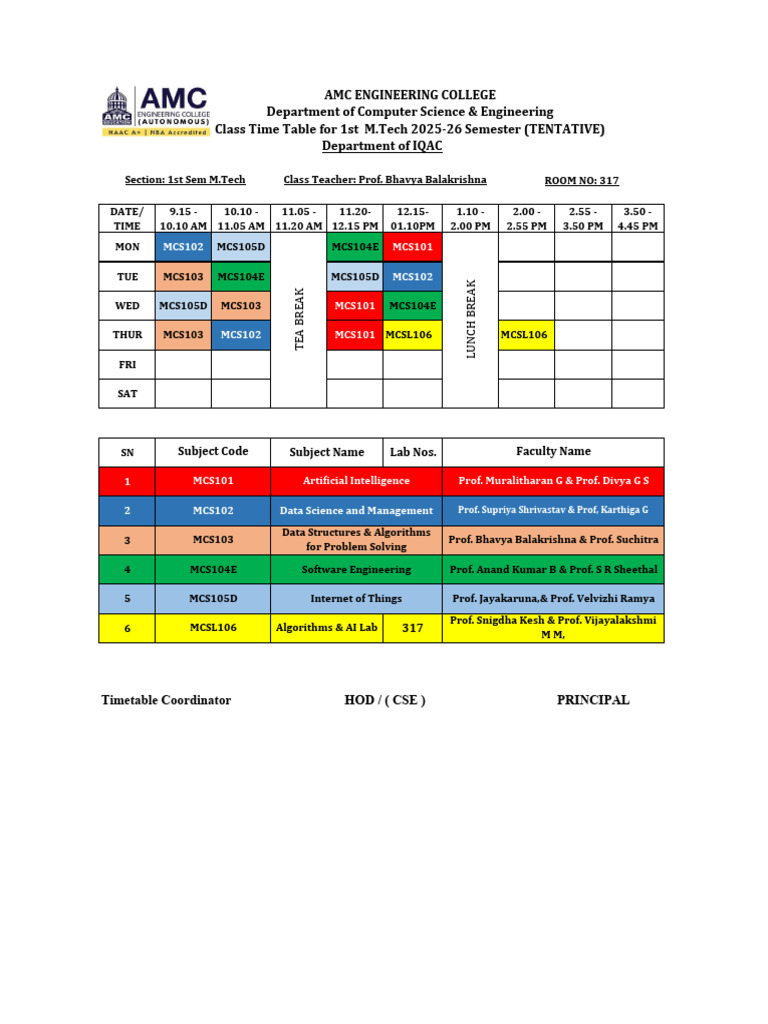 M.Tech 1st Semester Timetable 2025-26 | PDF