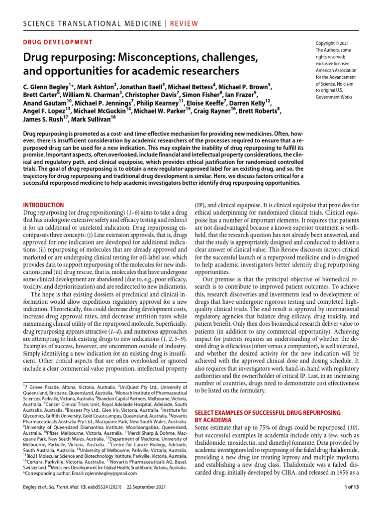(!2021, Cited47) Drug Repurposing - Misconceptions, Challenges, and ...