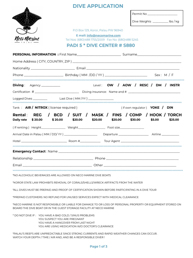 Neco Marine Dive Application Form | PDF | Scuba Diving | Underwater Diving