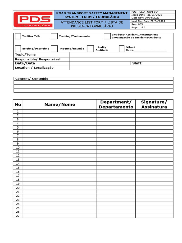 Pds-hseq-Form-004 - Attendance List Form - Lista de Presenca - April ...