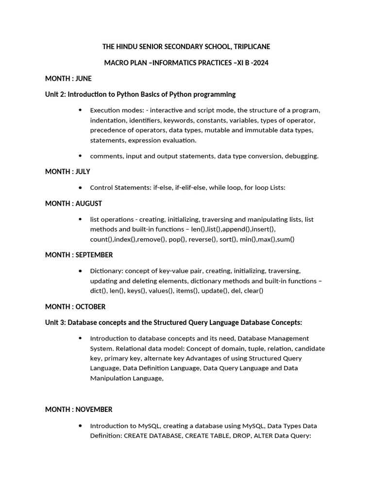 Informatics Practices XI B Macro Plan 2024 | PDF | Relational Model ...