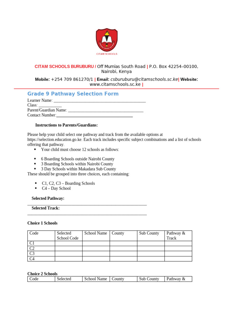Grade 9 Pathway Selection Form | PDF