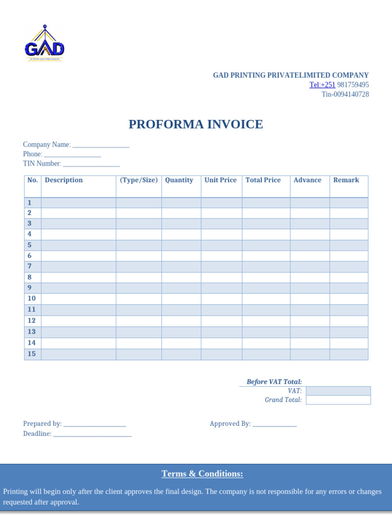 Proforma Invoice Template for Printing | PDF
