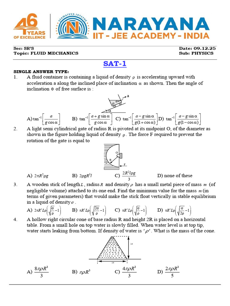 Sr's Fluid Mechanics Sat 1 | PDF | Buoyancy | Continuum Mechanics