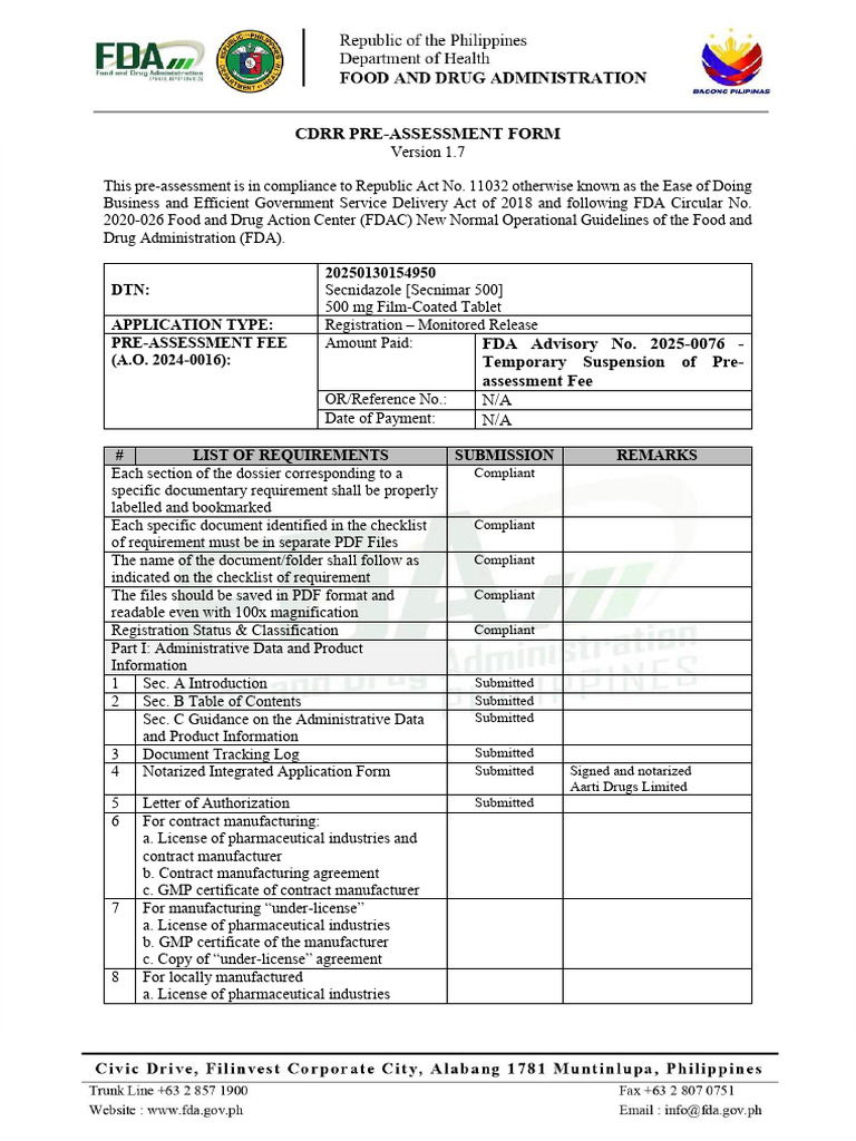 CDRR Pre-Assessment Form for Secnidazole | PDF | Clinical Trial | Food ...