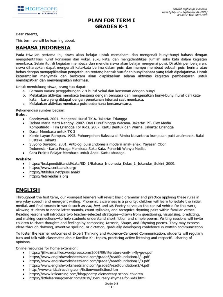 Term I Curriculum Overview for Grades K-1 | PDF | Rhythm | Shape
