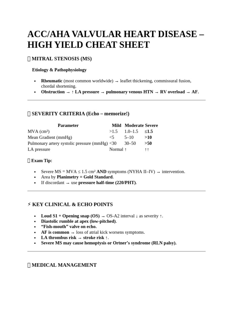 Valvular Heart Disease Cheat Sheet | PDF | Internal Medicine ...