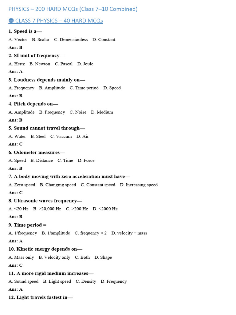 200 Hard MCQs on Physics for Classes 7-10 | PDF | Frequency | Hertz