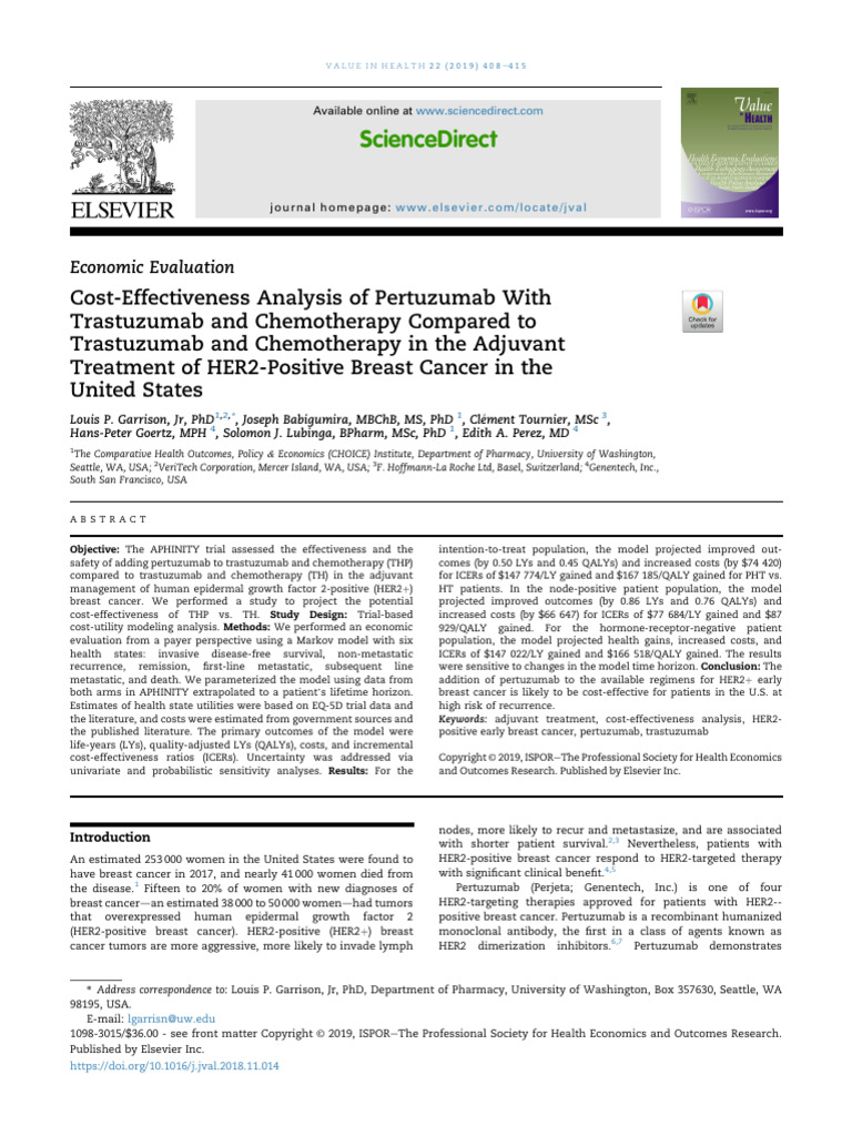 Cost-Effectiveness of Pertuzumab in HER2+ Breast Cancer | PDF | Breast ...