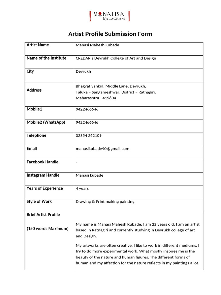 Profile Submission Form-Manasi Kubade | PDF