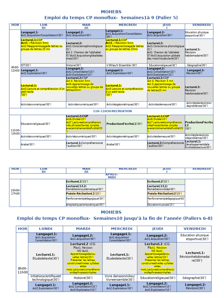 Emploi du temps CP monoflux 2023 | PDF