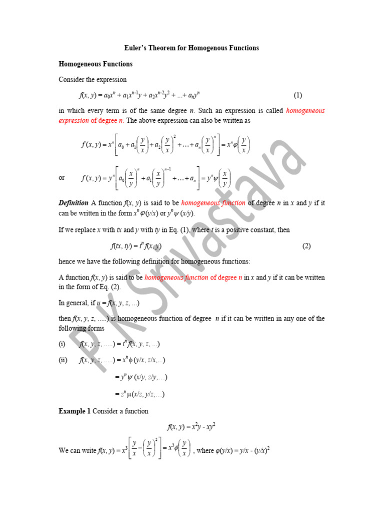 Euler's Theorem on Homogeneous Functions | PDF | Calculus ...