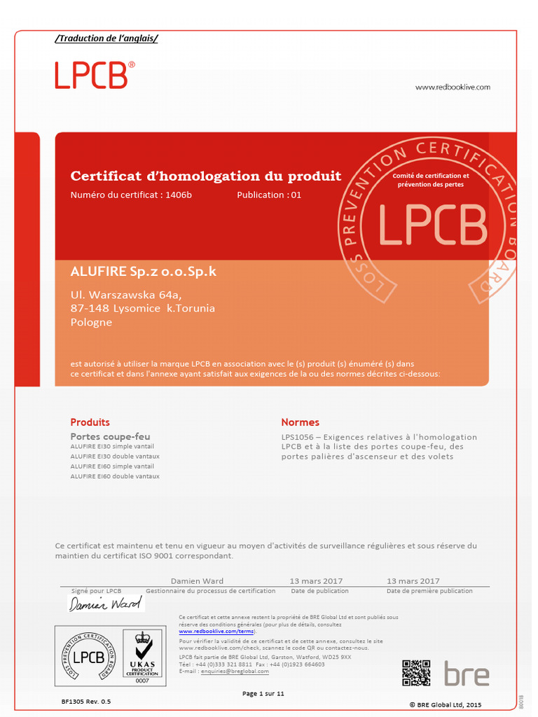 Certificat LPCB pour portes ALUFIRE | PDF | Matériaux | Génie du bâtiment