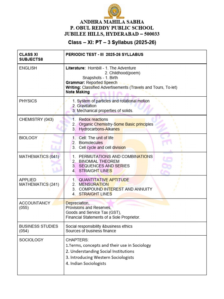 Grade Xi - Periodic Test - Iii - Syllabus - 2025-26 | PDF