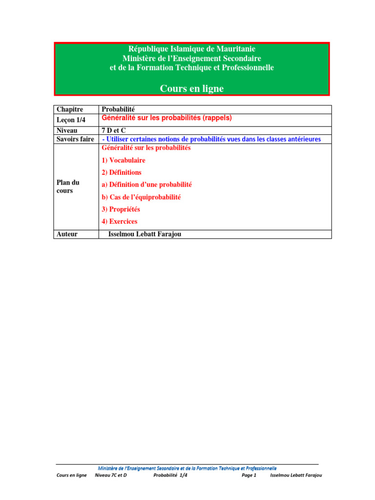 Cours de Probabilités Niveau 7C et D | PDF | Zone | Intersection ...