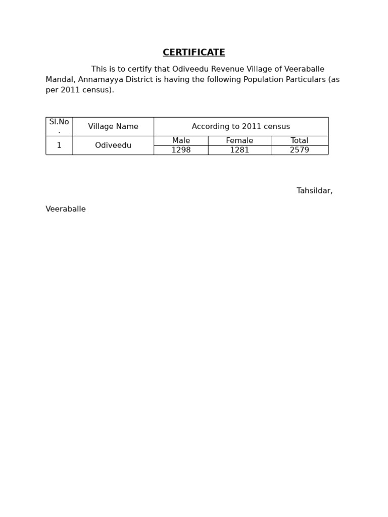 Odiveedu Village Population Certificate 2011 | PDF
