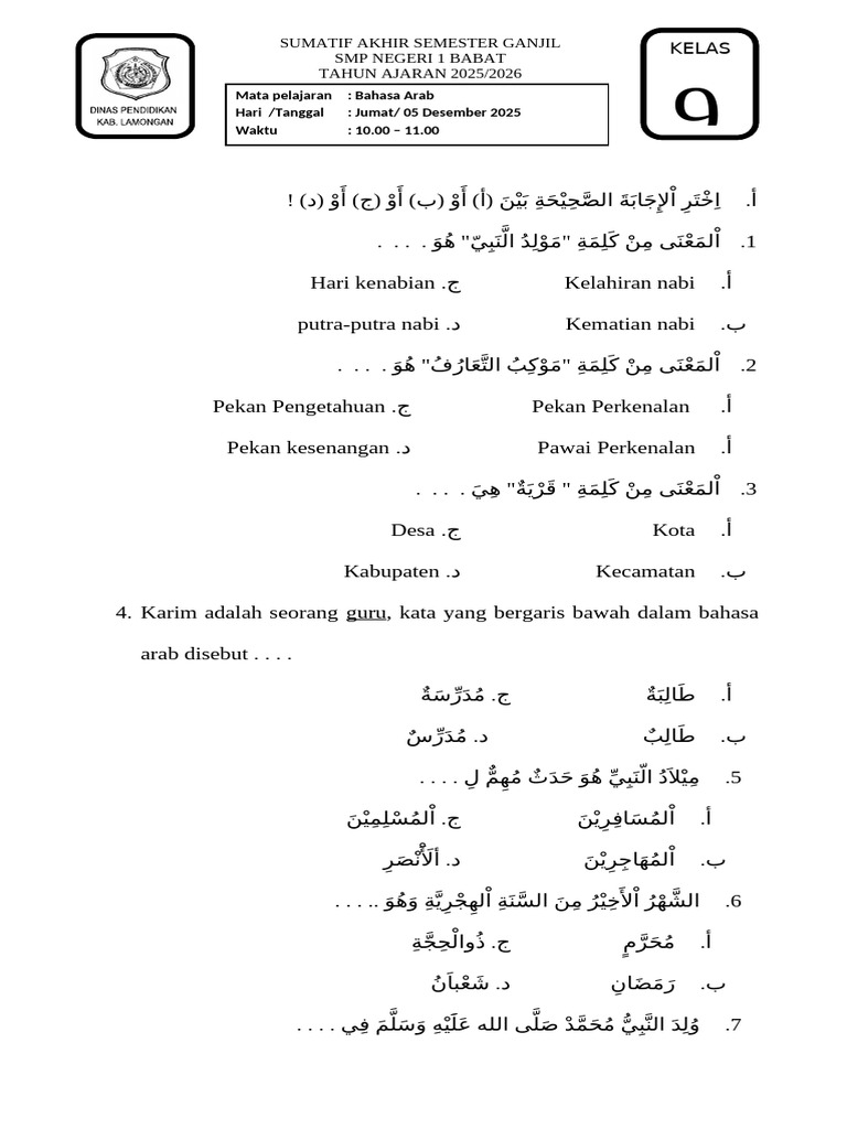 Soal Sas Ganjil 9 Bahasa Arab | PDF