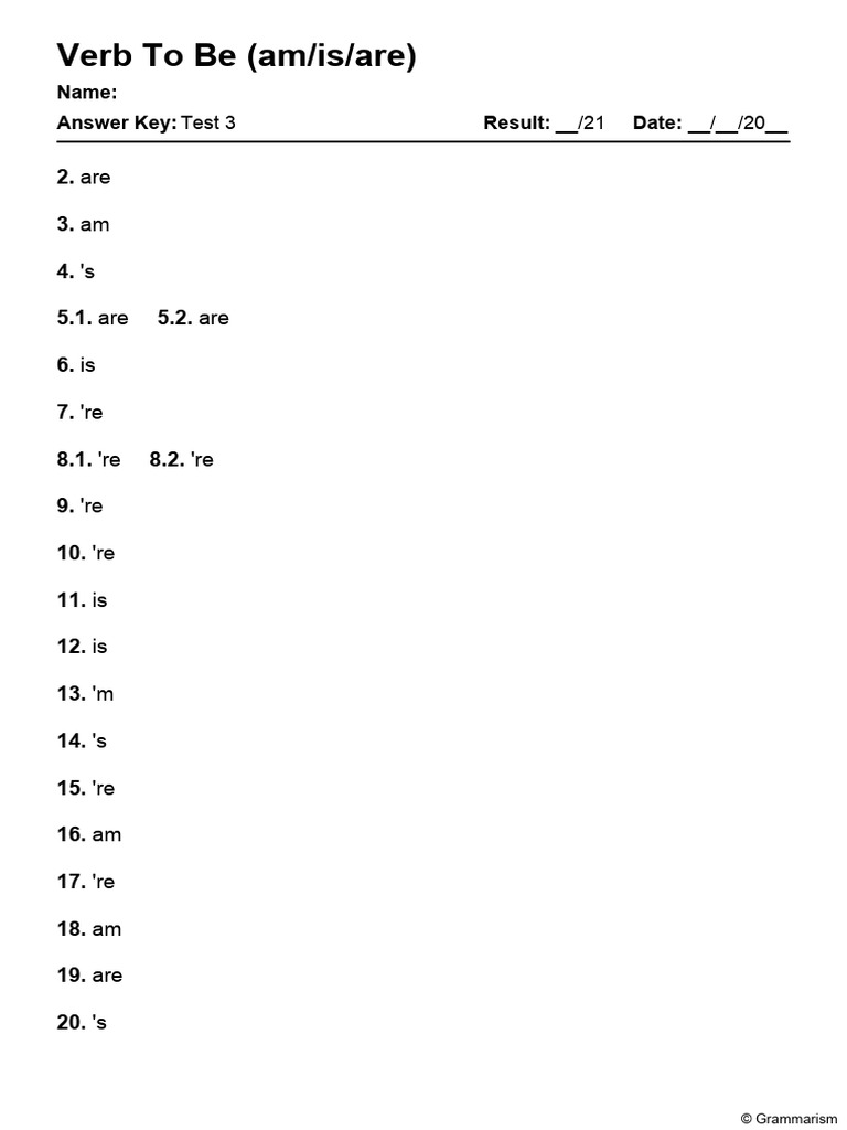 Grammarism Verb To Be Test 3 Answers 2297965 | PDF