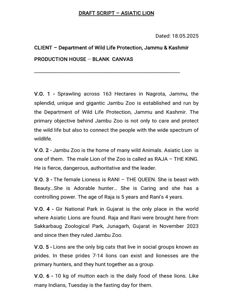 Draft Script - Asiatic Lions (Voice Over Only) | PDF | Lion | Zoology