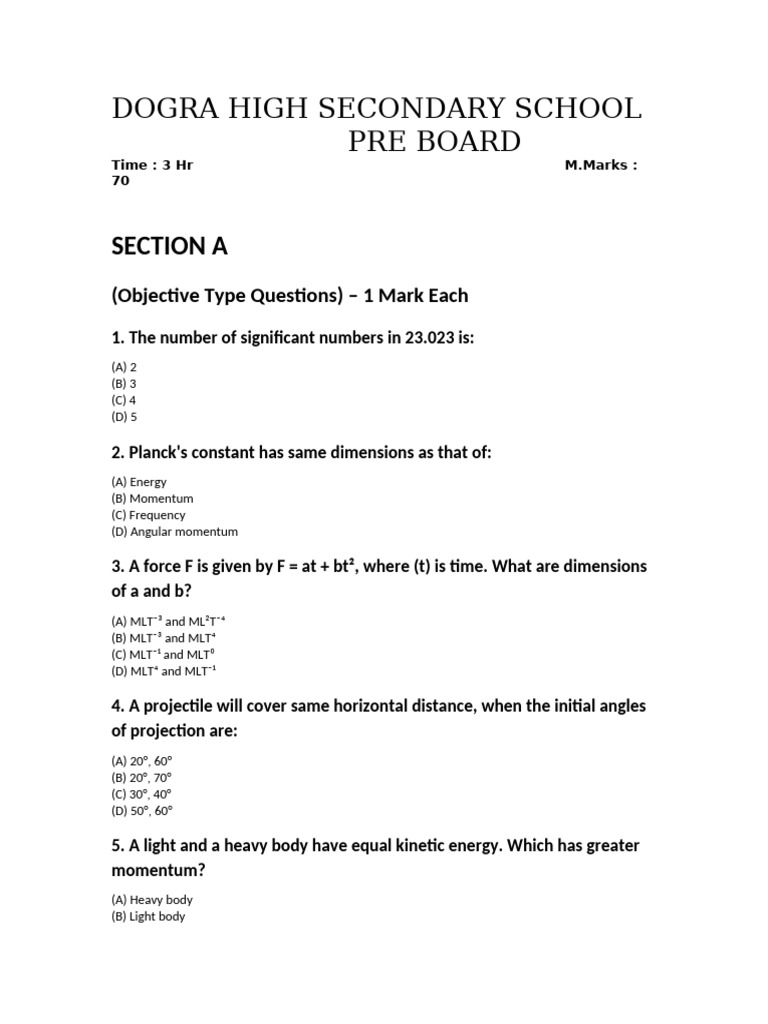 Class 11 Pre Board 2025 | PDF | Gases | Force