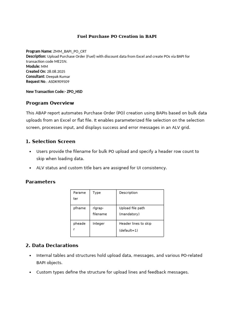 Fuel Purchase PO Creation in BAPI | PDF | Computer Program | Programming