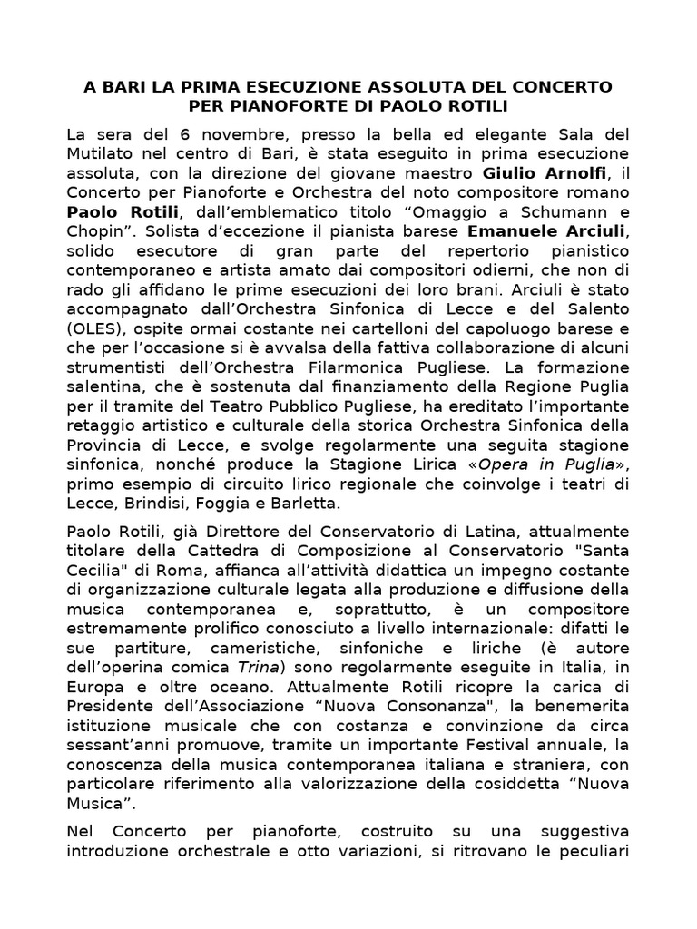 A Bari La Prima Esecuzione Assoluta Del Concerto Per Pianoforte Di ...