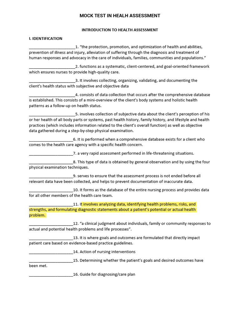 Health Assessment Mock Test Guide | PDF | Medical Specialties