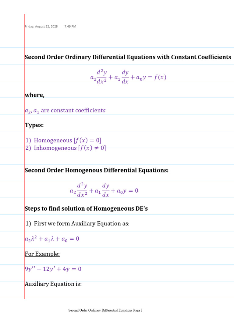 Second Order Ordinary Differential Equations With Constant Coefficients ...