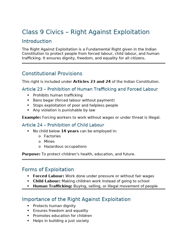 Class 9 Civics - Right Against Exploitation (Scribd Notes) | PDF